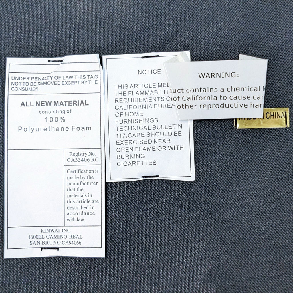Close-up on labels of a Kinwai Inc dining chair detailing material composition, care instructions, and origin.