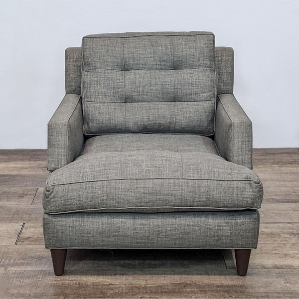 Reperch contemporary lounge chair with tufted back, square arms, and tapered wood feet, in a gray fabric.
