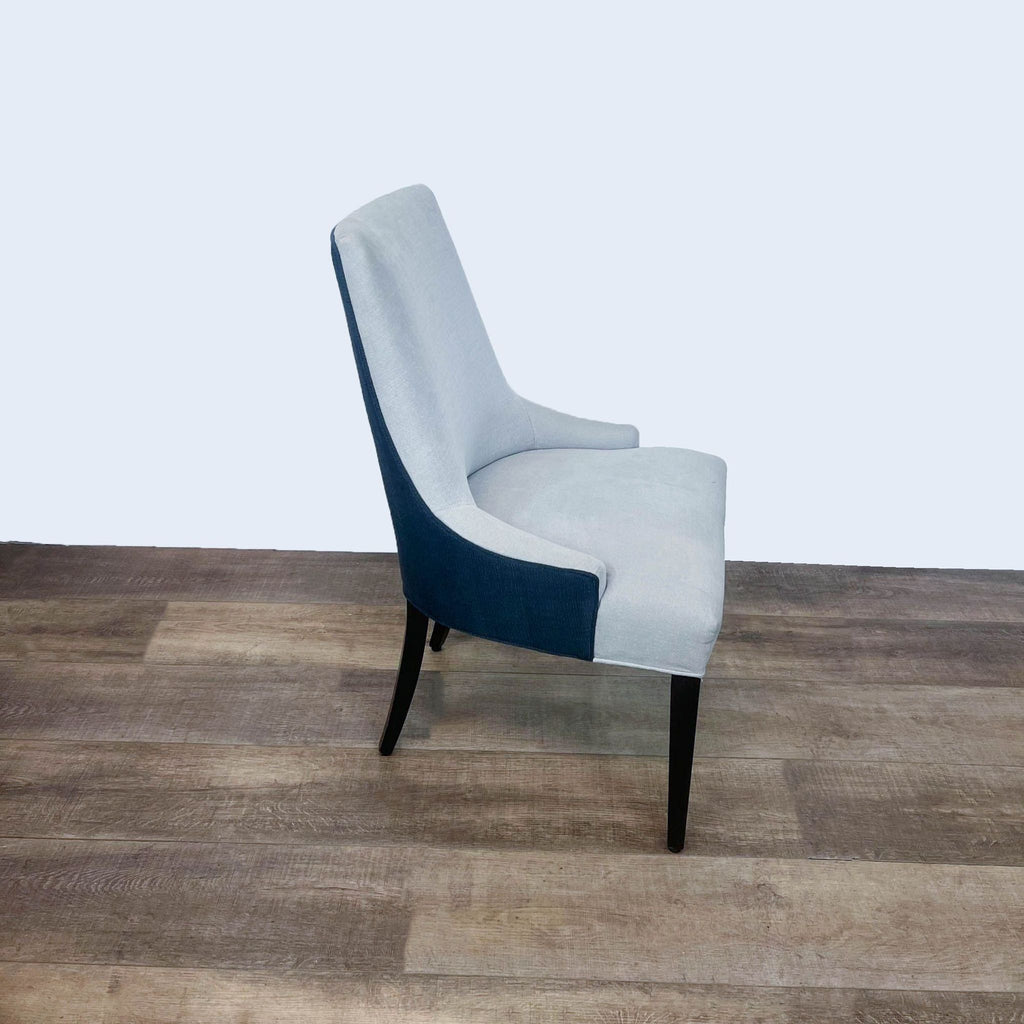 Alt text 2: Contemporary two-toned Duralee dining chair, showcasing a navy and light gray fabric with an elegant high back and wooden legs.