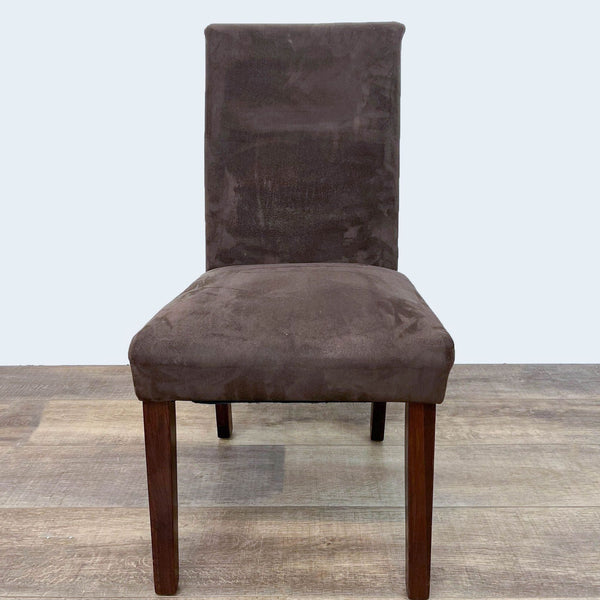 Reperch brand brown microfiber upholstered dining chair with wooden legs, front view.