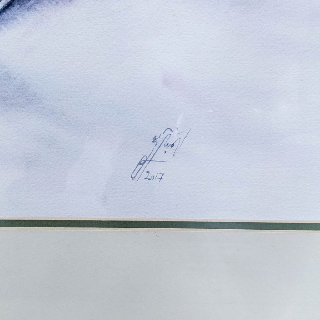 Alt text 2: Close-up of the artist's signature and 2017 date on a Reperch drawing featuring ornate vanity items on display.