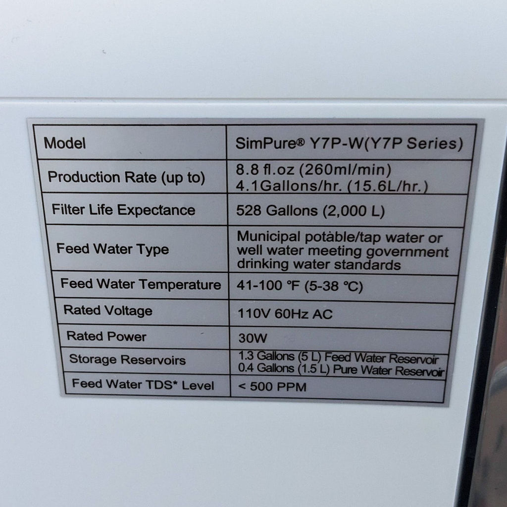 Alt text 3: Close-up of a label detailing model specifications and features of a Simpure water purifier.