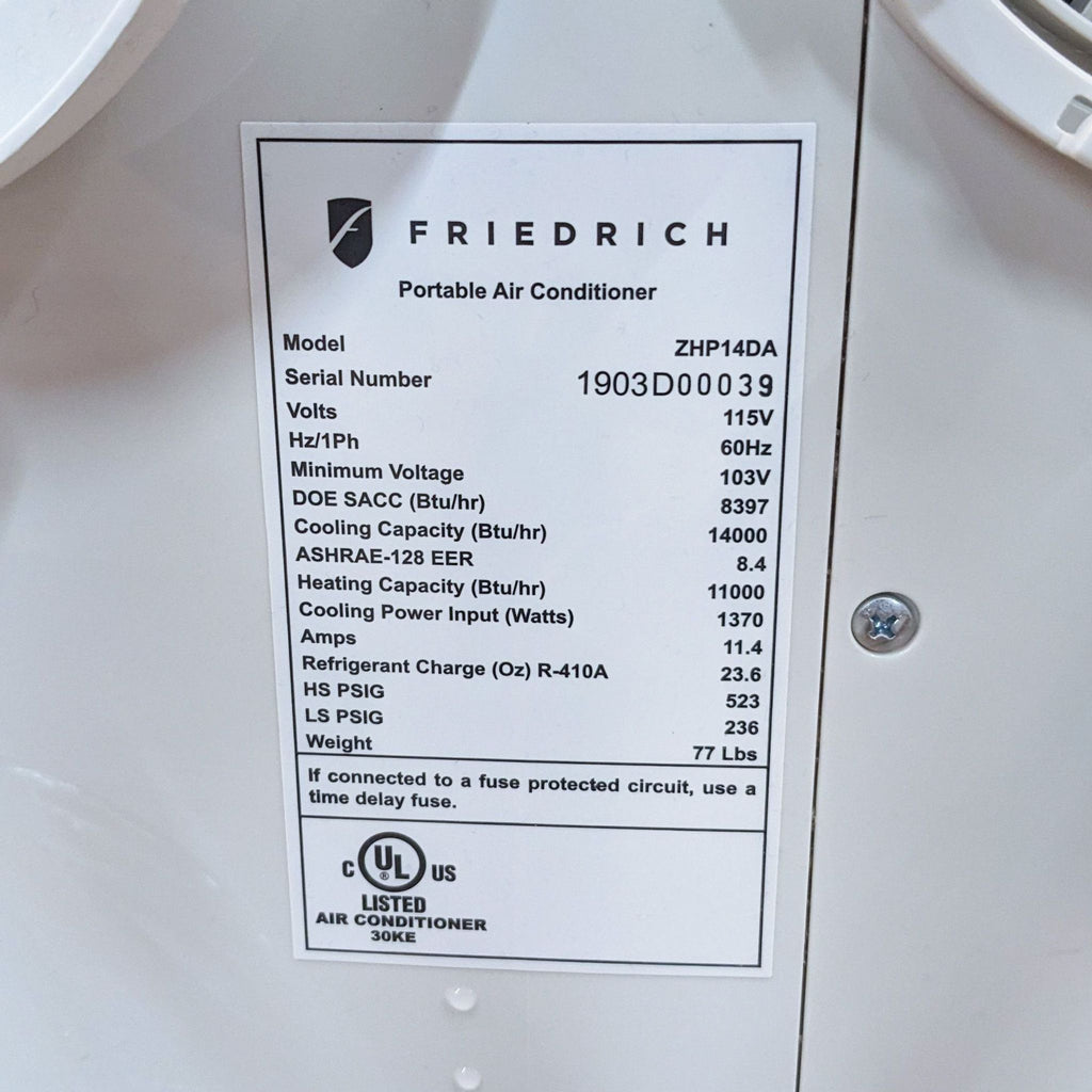 Friedrich ZHP1ADA Portable Airconditioner