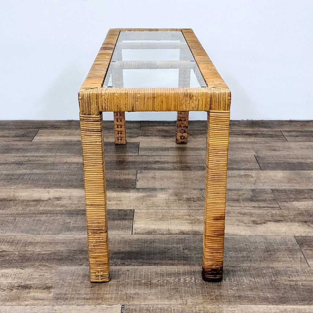 Glass-topped Reperch side table featuring ribbed wooden design and sturdy build against a neutral backdrop.