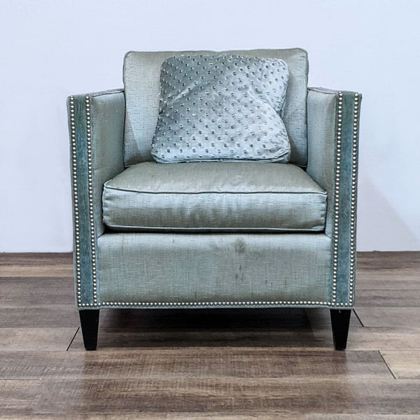 Arhaus Furniture traditional lounge chair with clean lines, boxed arms, nailhead trim, and light blue upholstery.