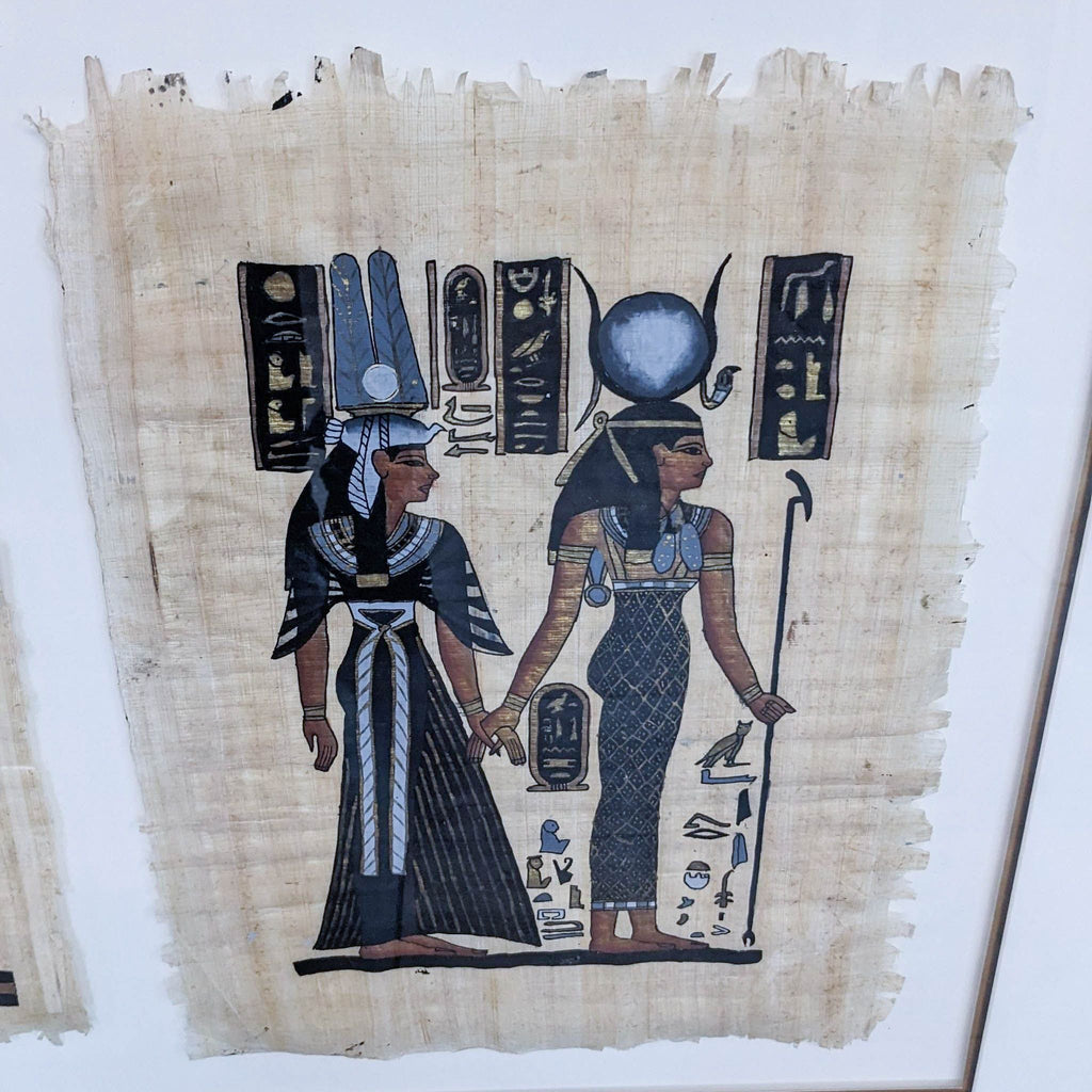 Close-up view of a vintage papyrus painting showing colorful ancient Egyptian deities, authentic texture on display.