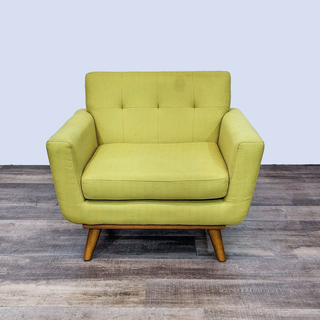 Modway Engage chair in mustard yellow with button tufting and angled wooden legs, mid-century modern design.