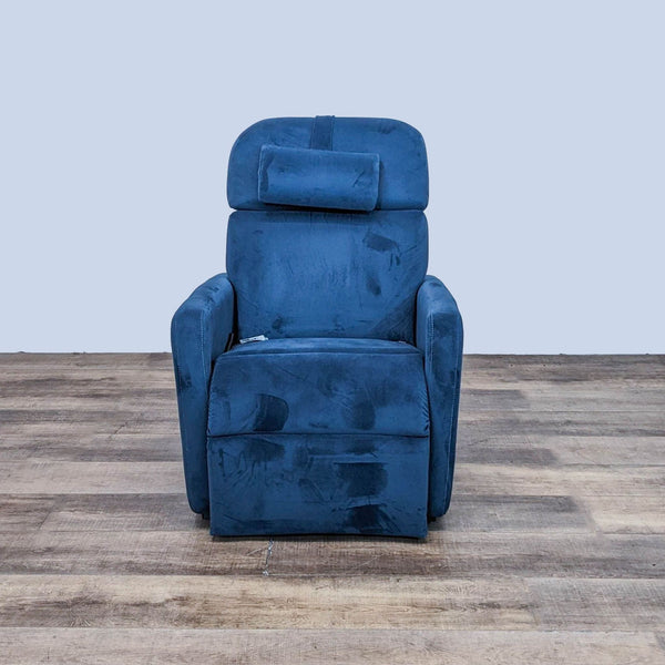 Alt text 1: Relax The Back blue lounge chair in upright position with power adjustable headrest on wooden floor.