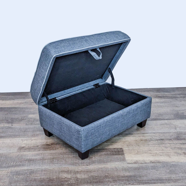 Alt text 1: Laurel Foundry grey tufted ottoman with open storage, showcasing contrast piping and dark feet.