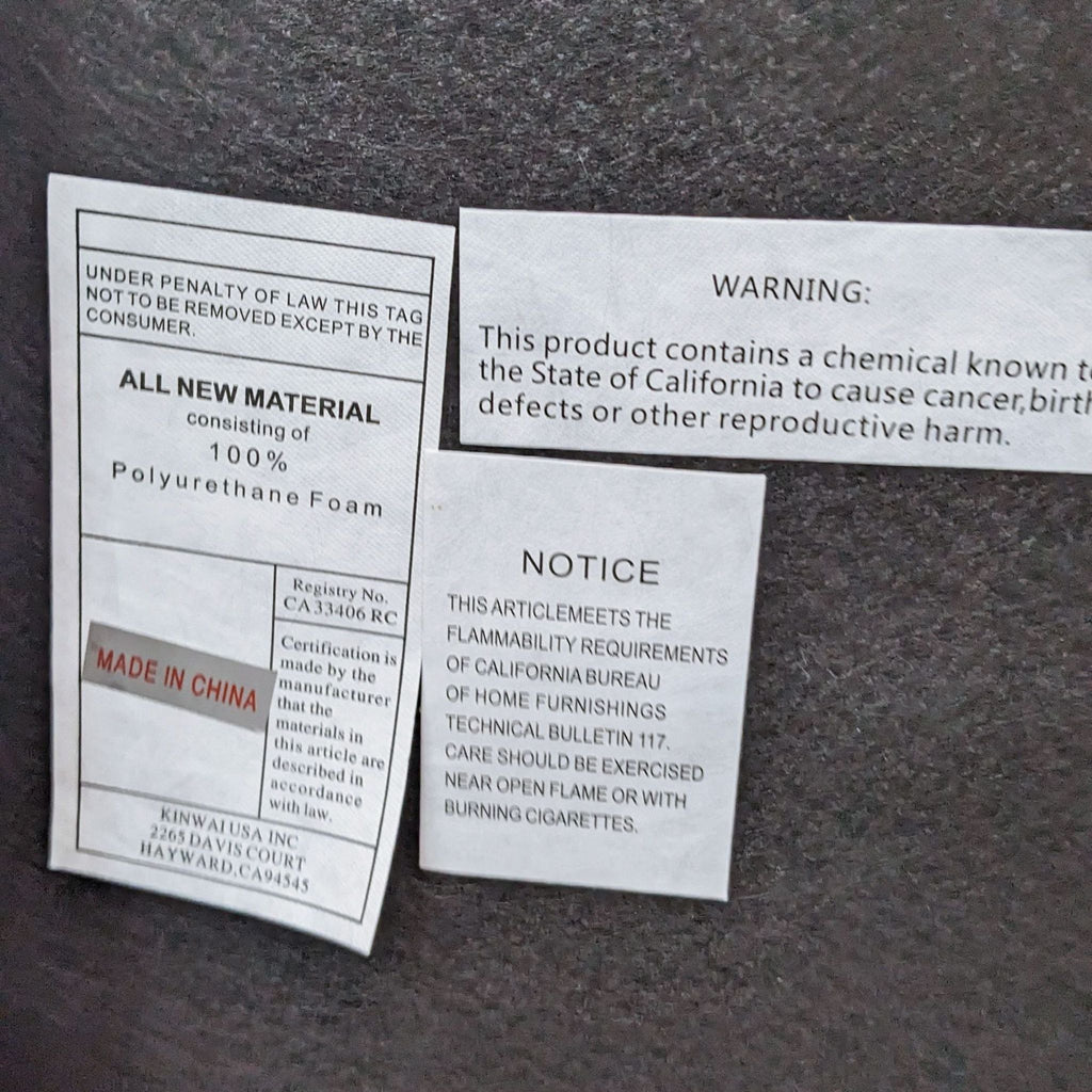 Warning and notice labels on furniture with information on materials, origin, and safety precautions.