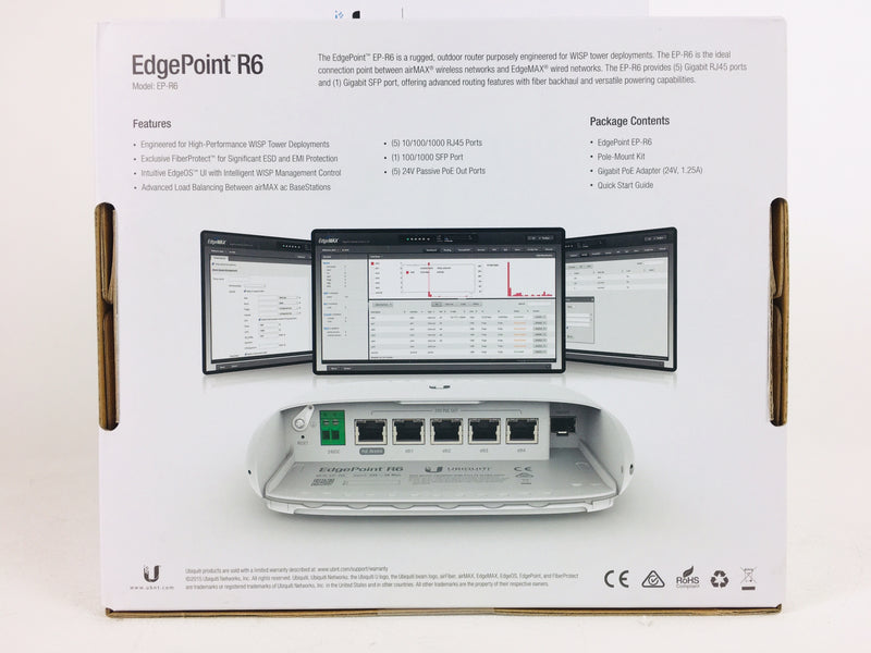 Image 2 alt text: Open Ubiquiti EdgePoint R6 box displaying the networking router's features, ports, and included components, such as a gigabit PoE adapter.