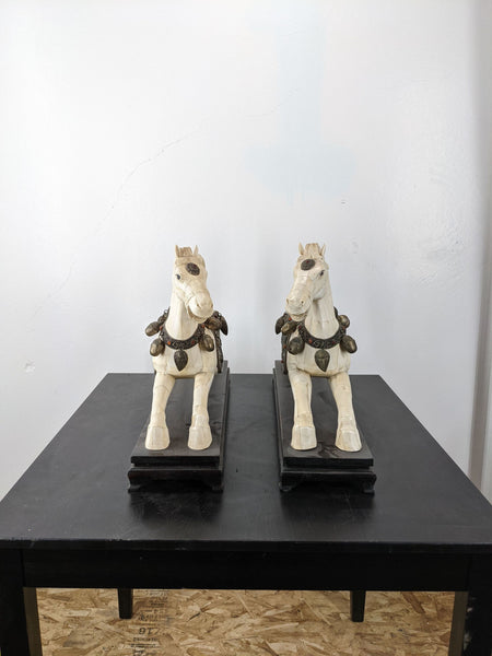 1. Pair of ornate Reperch Chinese horse sculptures in bone mosaic with metal and semi-precious stone saddlery on bases.  