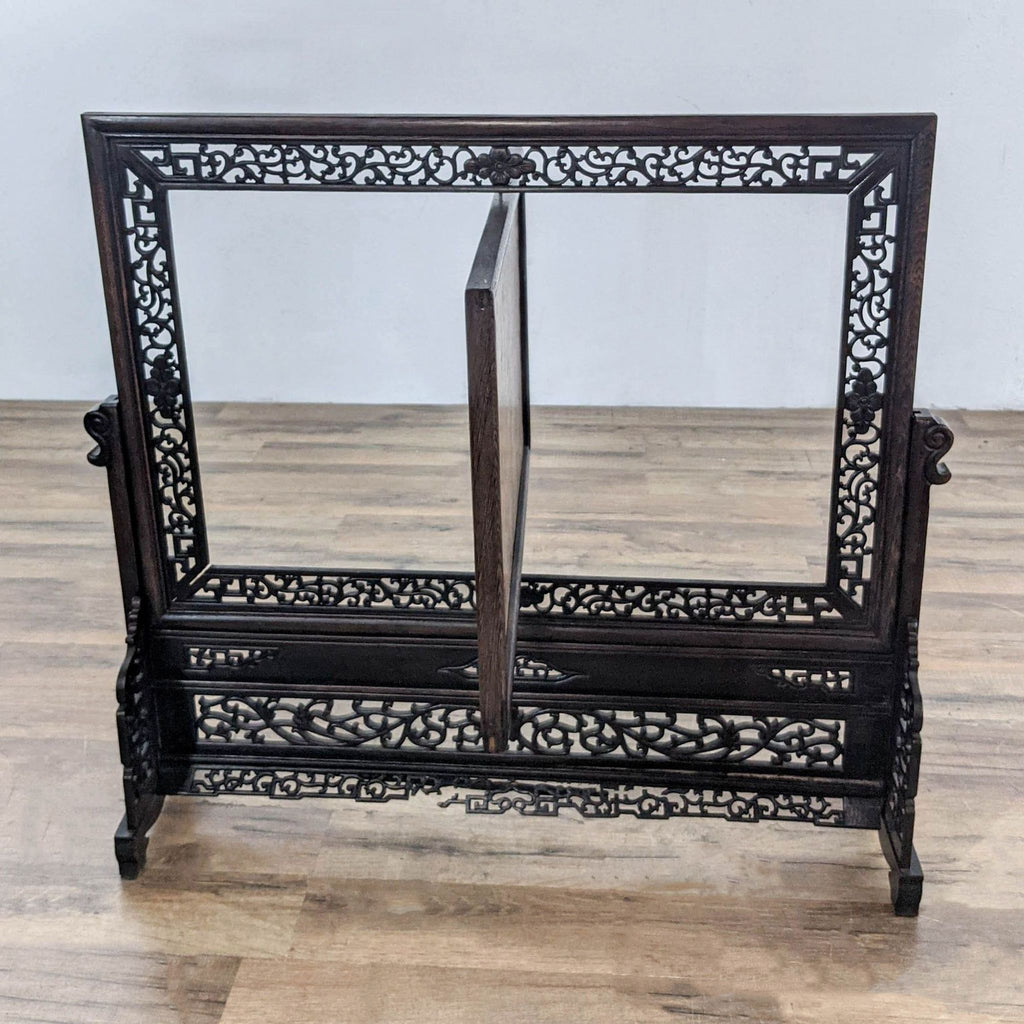 1. Ornate wooden Reperch frame with intricate carvings, shown empty and standing on a wood floor.