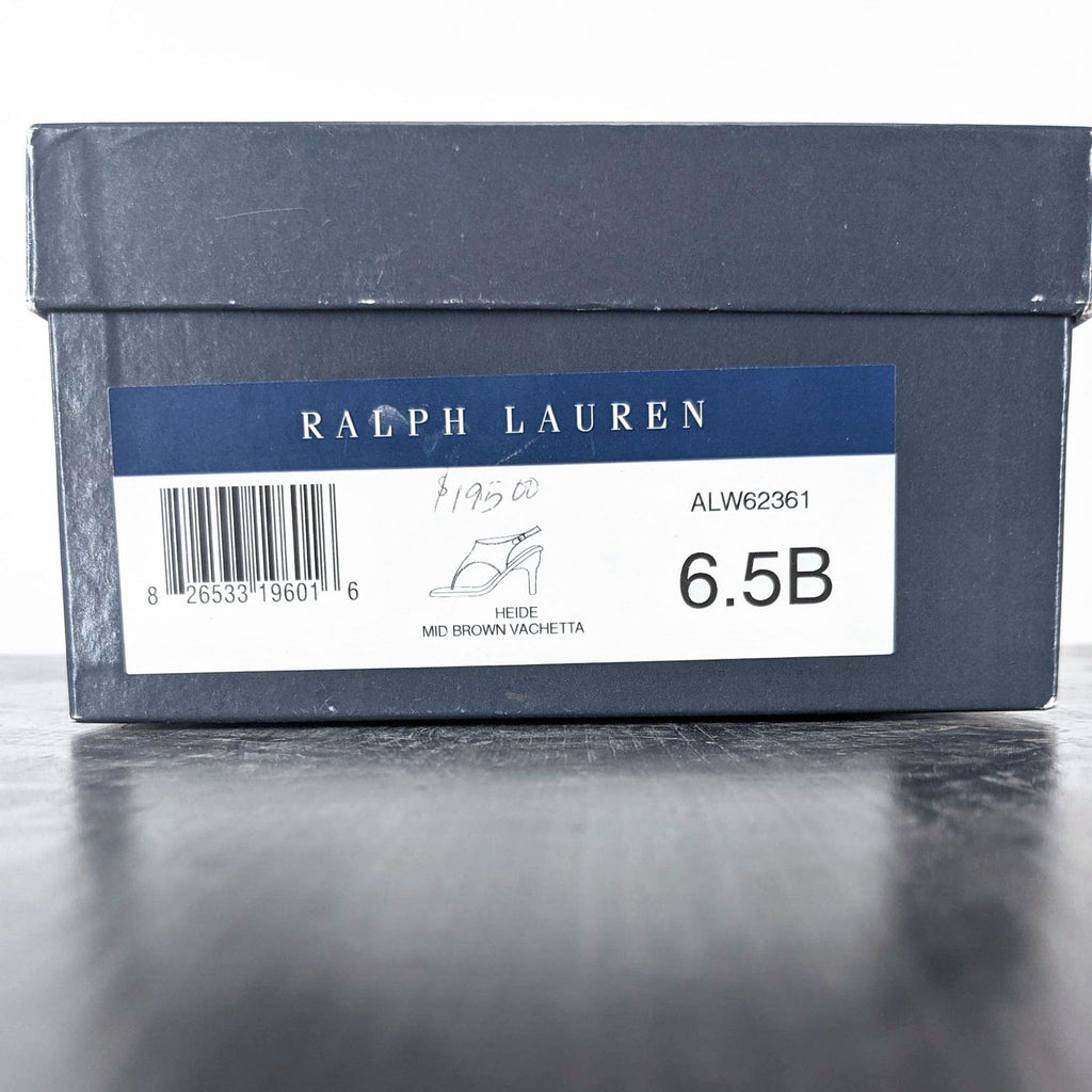 Ralph Lauren shoe box labeled mid brown Vachetta size 6.5B and model number ALW62361 with a price tag.