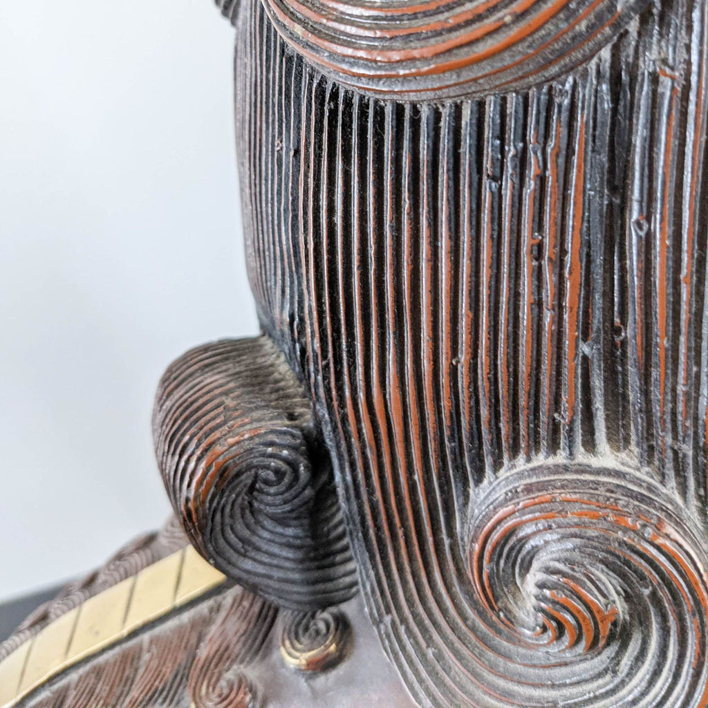 Close-up of textured detailing on the mane of a Reperch metal Foo Dog/Lion Guardian sculpture.