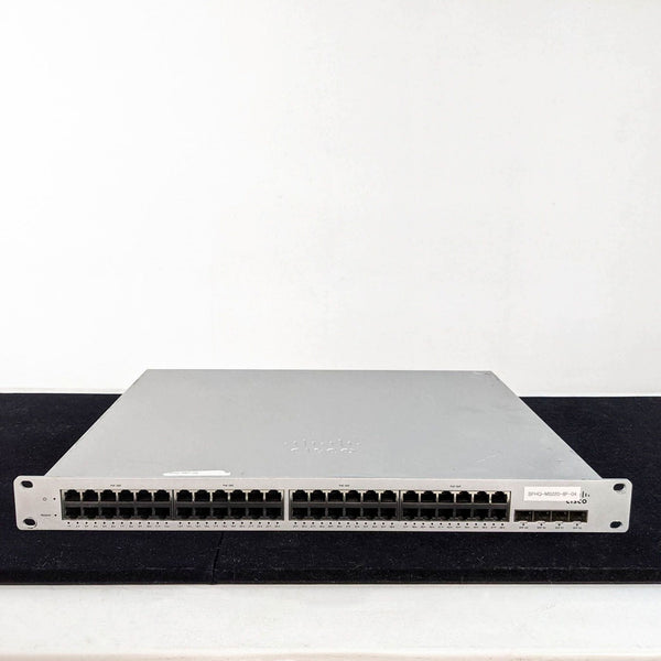 Front view of a Cisco networking switch with numerous Ethernet ports.