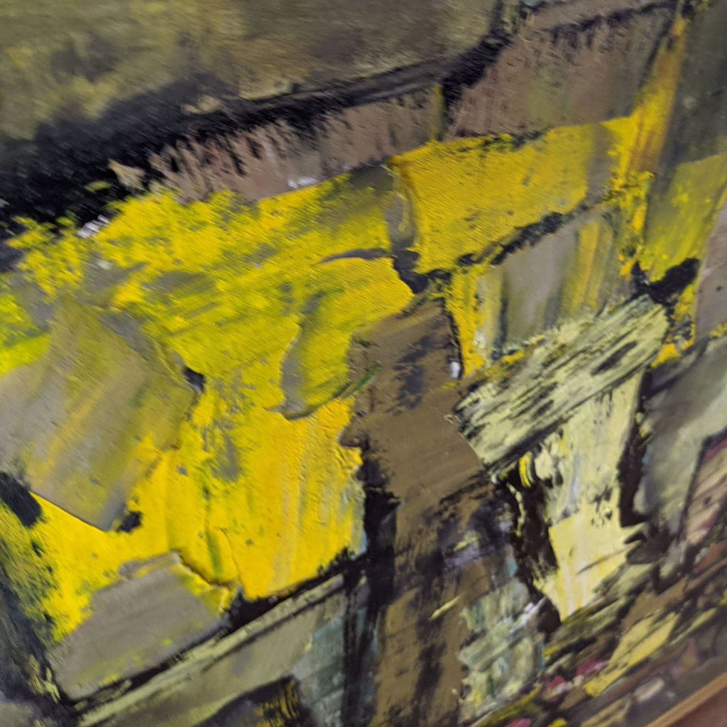 2. Close-up of a Reperch painting shows textured brush strokes in yellow, brown, and black abstract patterns.