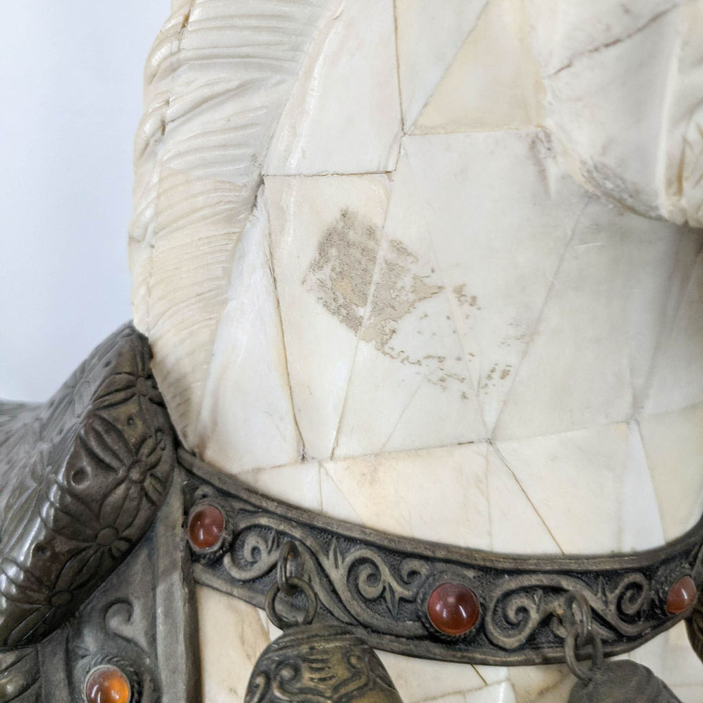 3. Detailed view of bone mosaic texture and decorative saddlery with metal and stones on a Reperch Chinese horse statue.