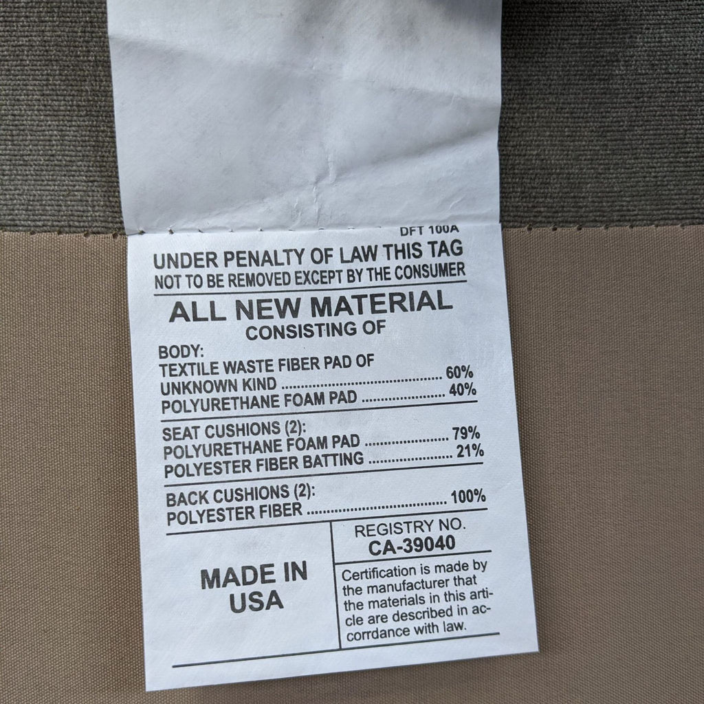 Label showing all new material details of a Reperch lounge armchair, made in the USA.