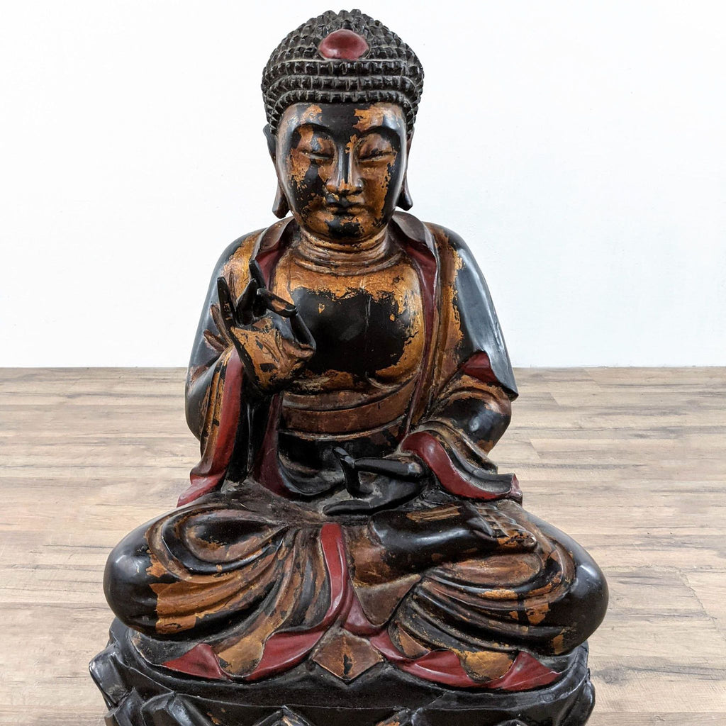 1. Reperch gilded wood Buddha sculpture seated on a lotus throne, weathered gold and dark paint finish.  