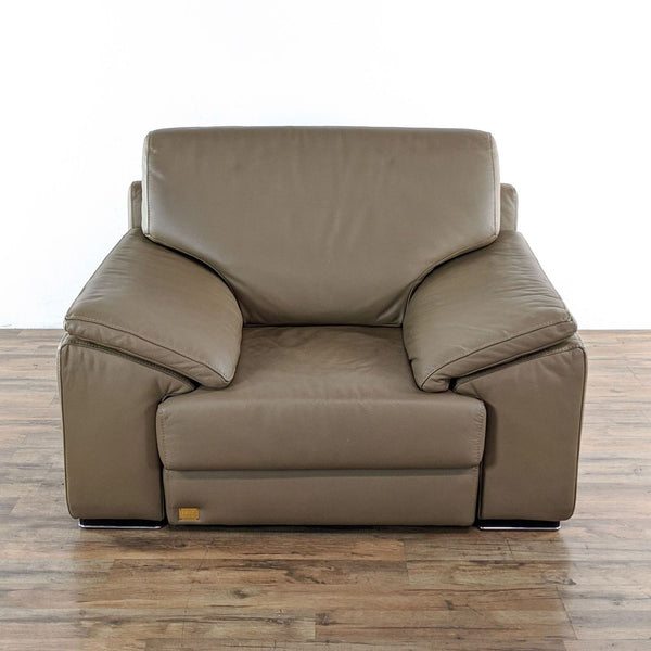 1. Frontal view of a taupe DIMA Salotti Italian-made lounge chair on a wooden floor.