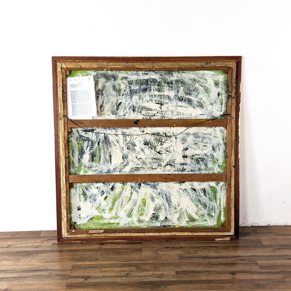 1. The back of a framed Reperch painting is shown with visible wooden supports and an attached document.