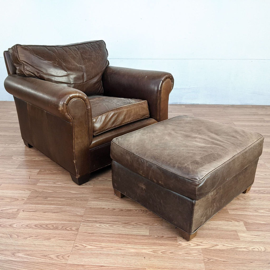 Pottery Barn by Mitchell Gold Brown Leather Armchair and Ottoman