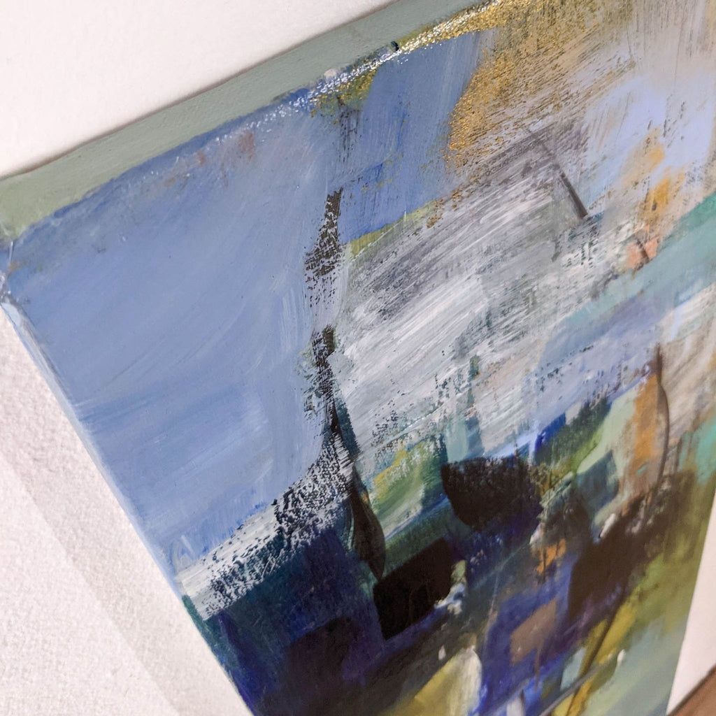 3. Close-up angle of the canvas edge, detailing expressive brushwork and textured paint in a modern abstract style.