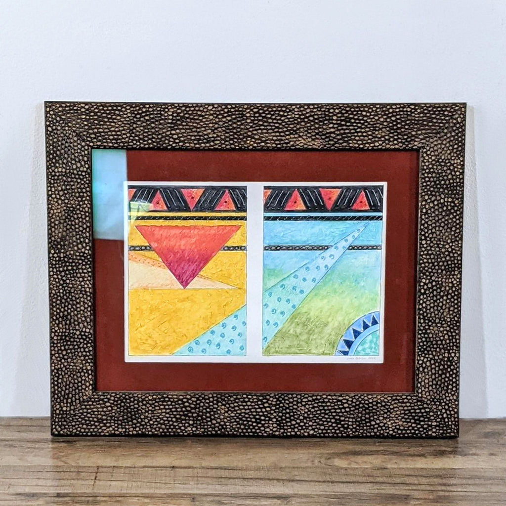 1. Framed abstract artwork with geometric shapes and bright colors, by a North Carolina artist, Reperch brand.
