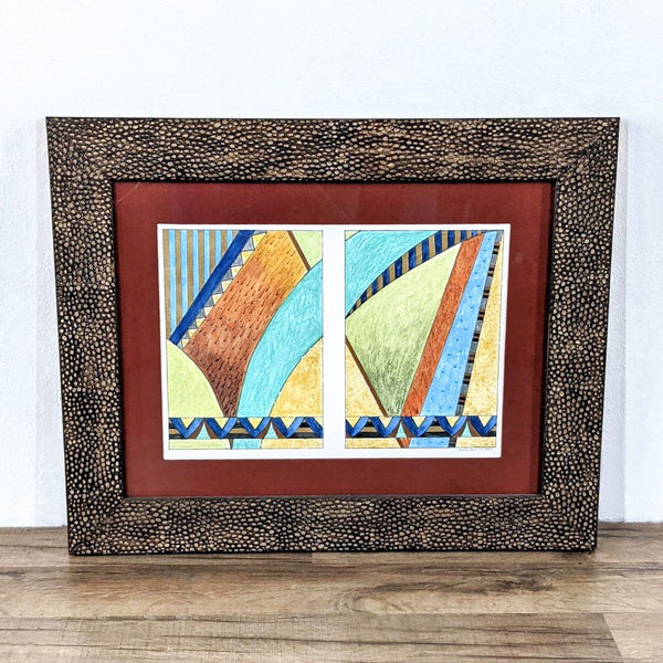 1. Framed abstract modern drawing with geometric shapes and vibrant colors, double matted in red by Reperch.