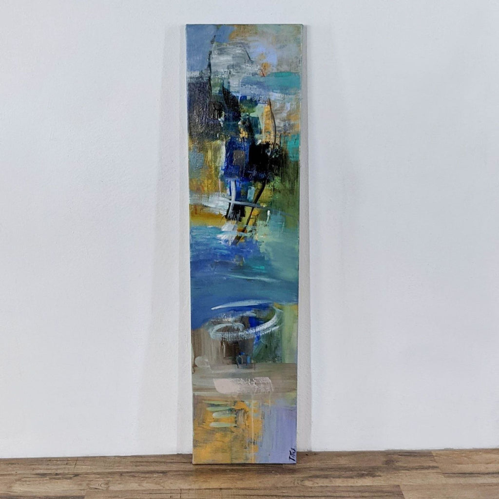 1. Abstract modern art painting on a narrow canvas, signed by artist, featuring bold blue and yellow brushstrokes.